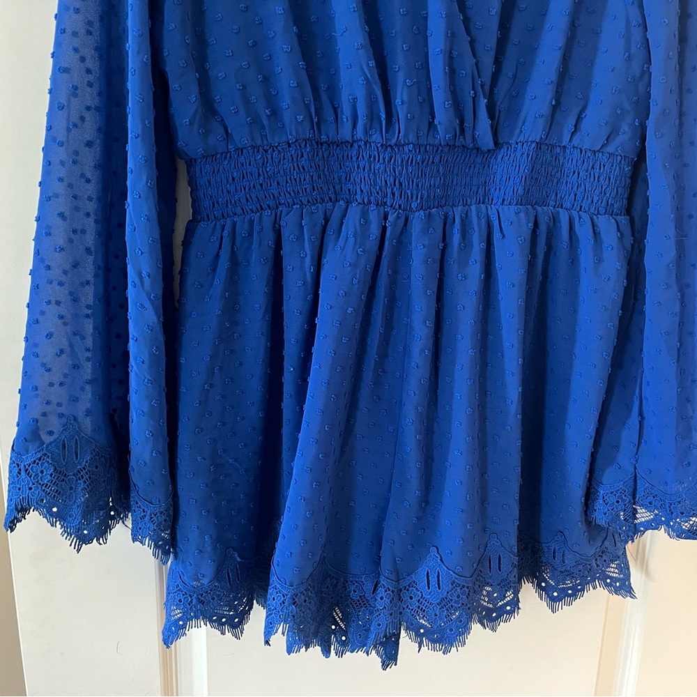 Lulu's Royal Blue Lace V-Neck Romper Cinched Waist Women’s Size Large - Picture 7 of 16